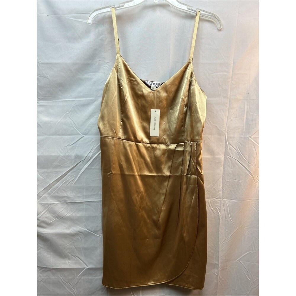 NWT Francesca Studio 19 Size L Gold Satin Faux Wrap Mini Slip Dress Silky